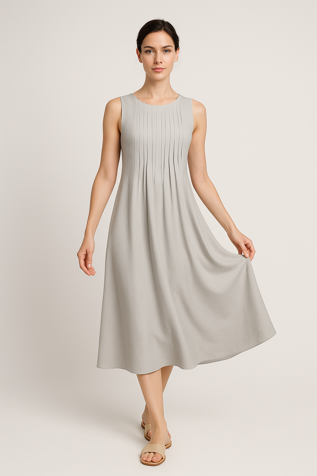 Vestido Eloá Midi sem Mangas Pregas no Decote e Bolsos Frontais Black Friday