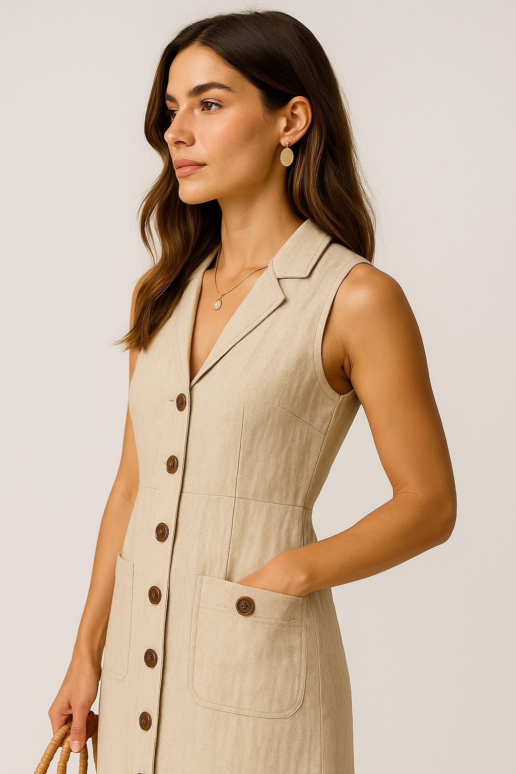 Vestido Cecília Midi Decote V com Gola Botões e Bolsos Frontais Black Friday