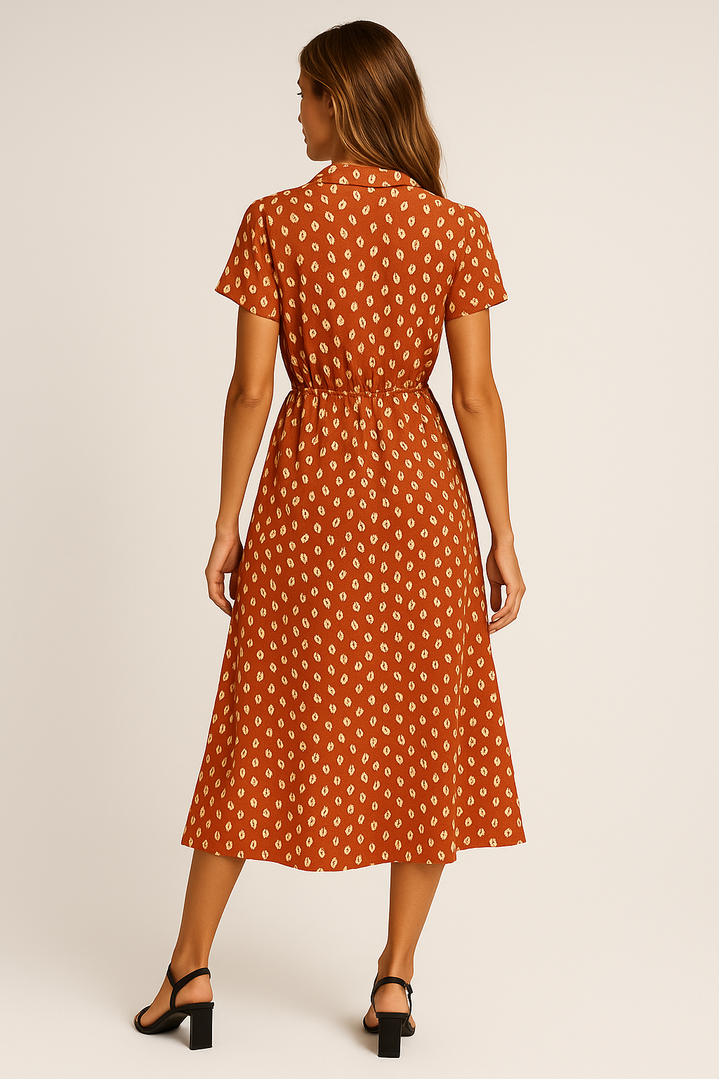 Vestido Helena Midi Manga Curta e Decote V Black Friday