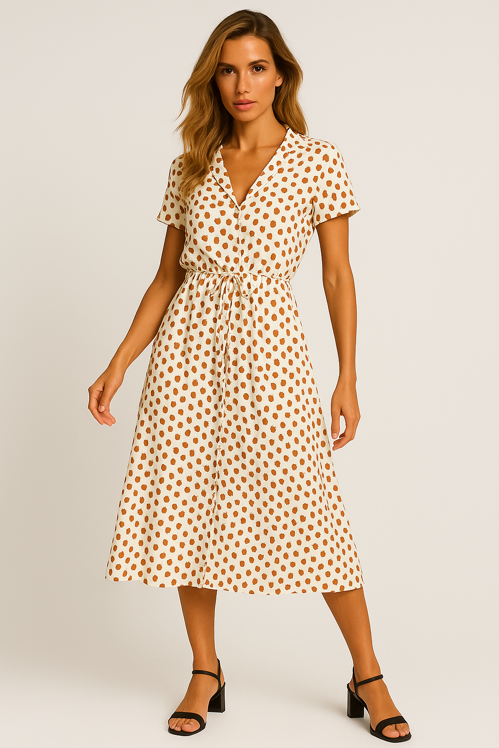 Vestido Helena Midi Manga Curta e Decote V Black Friday