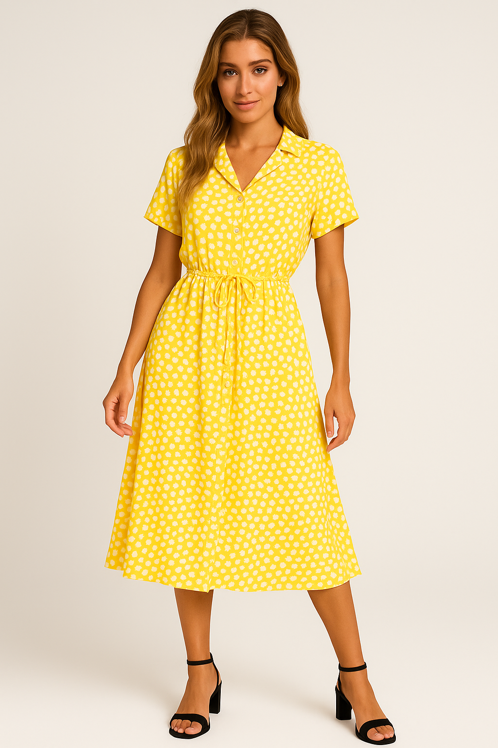 Vestido Helena Midi Manga Curta e Decote V Black Friday