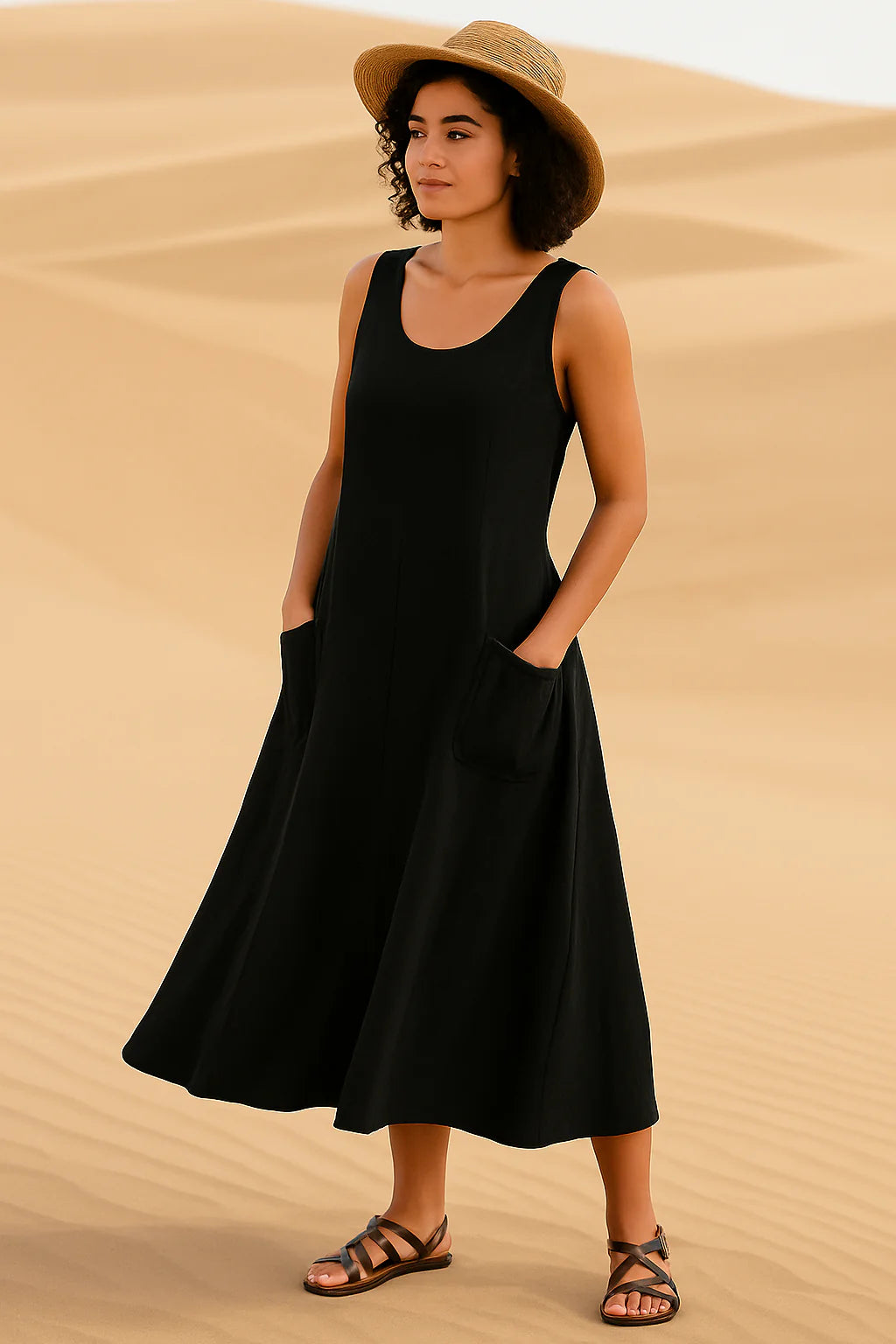 Vestido Isadora Midi sem Mangas e Bolsos Frontais Black Friday