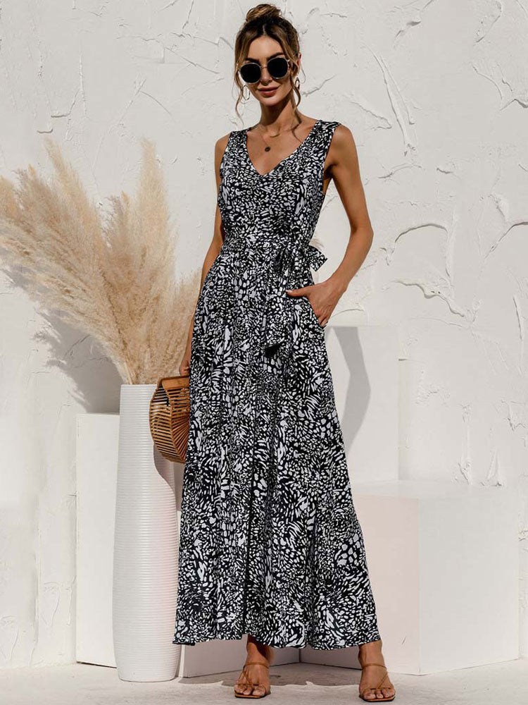 Vestido Longo Estampado de Cintura Alta