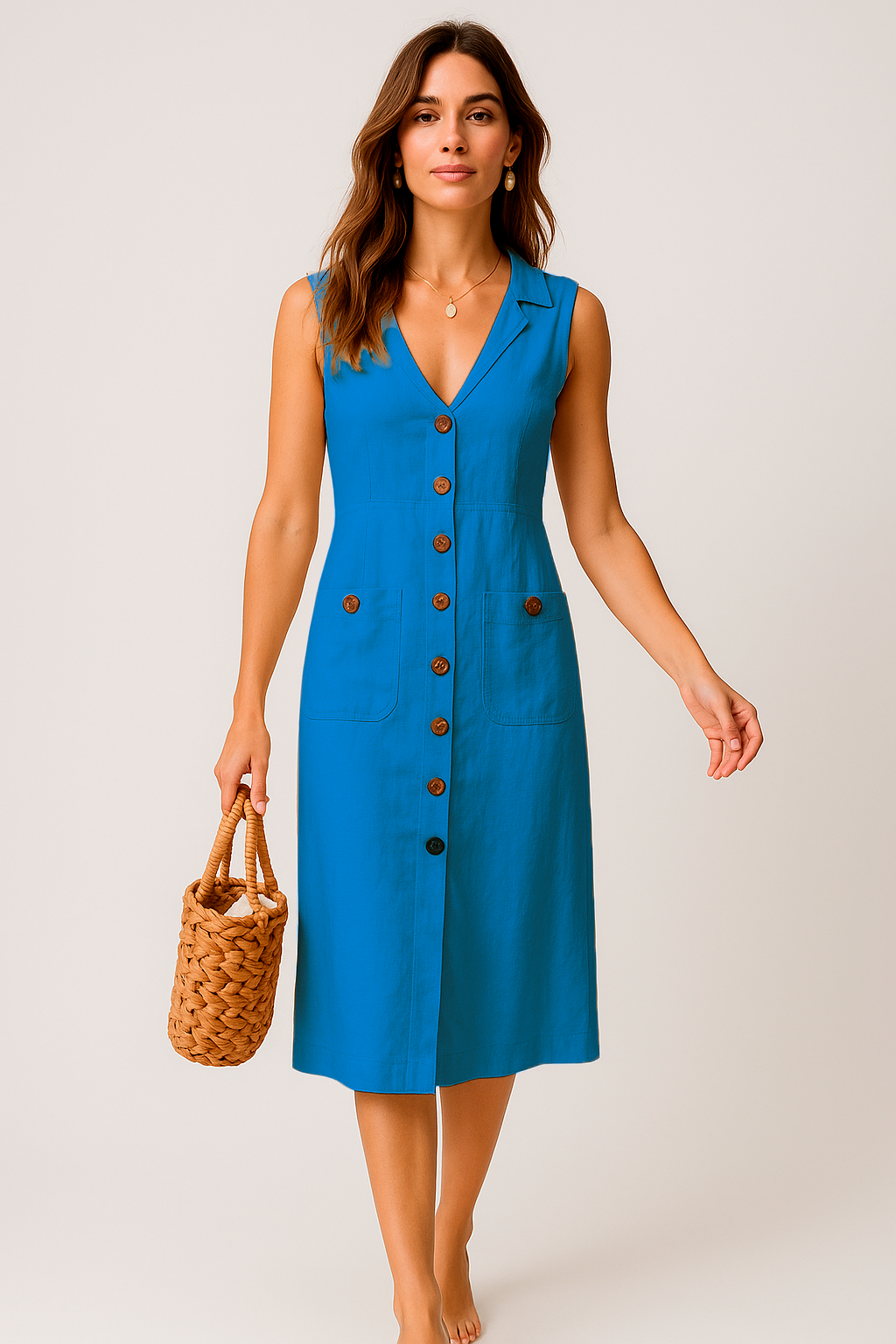 Vestido Cecília Midi Decote V com Gola Botões e Bolsos Frontais Black Friday