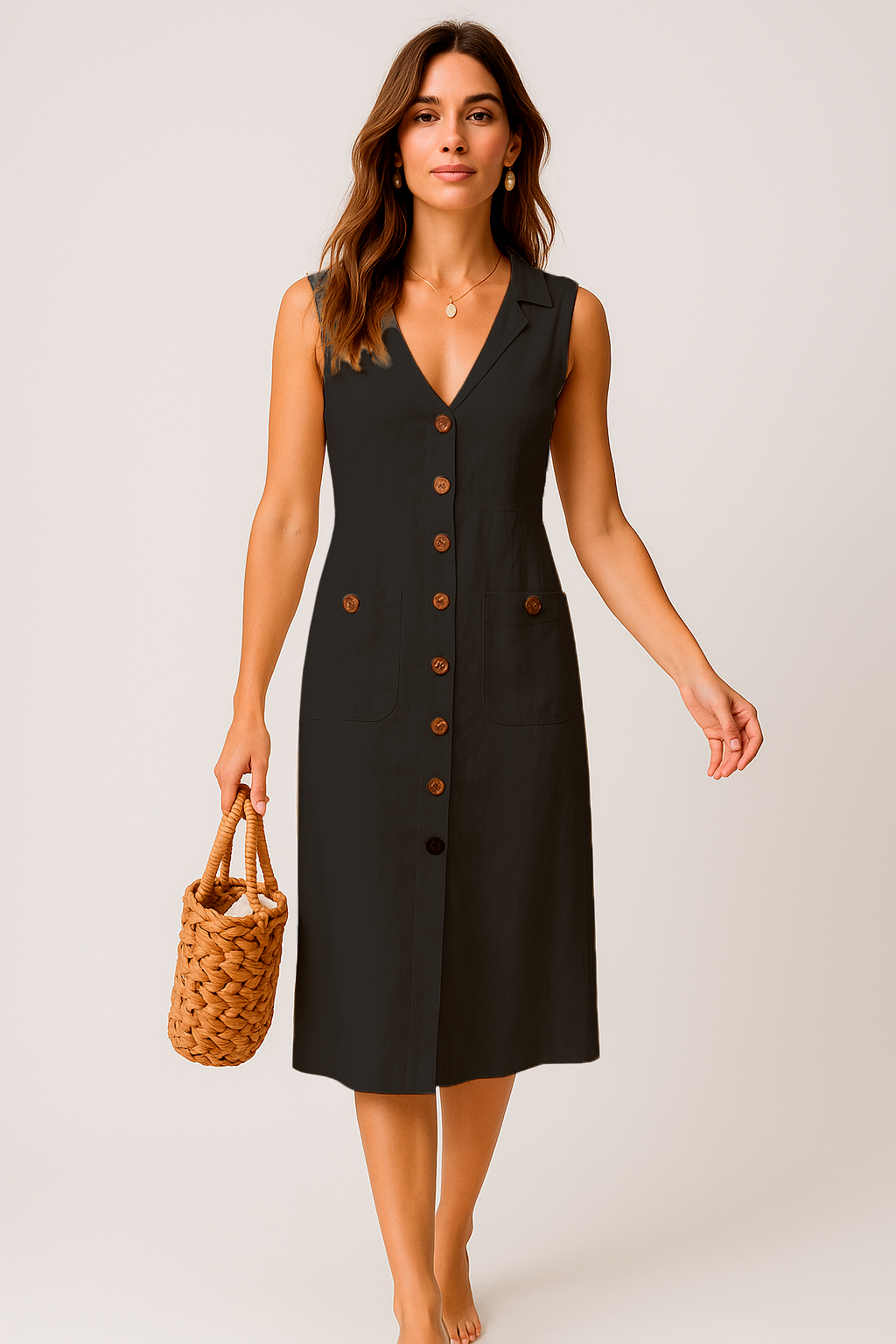 Vestido Cecília Midi Decote V com Gola Botões e Bolsos Frontais Black Friday