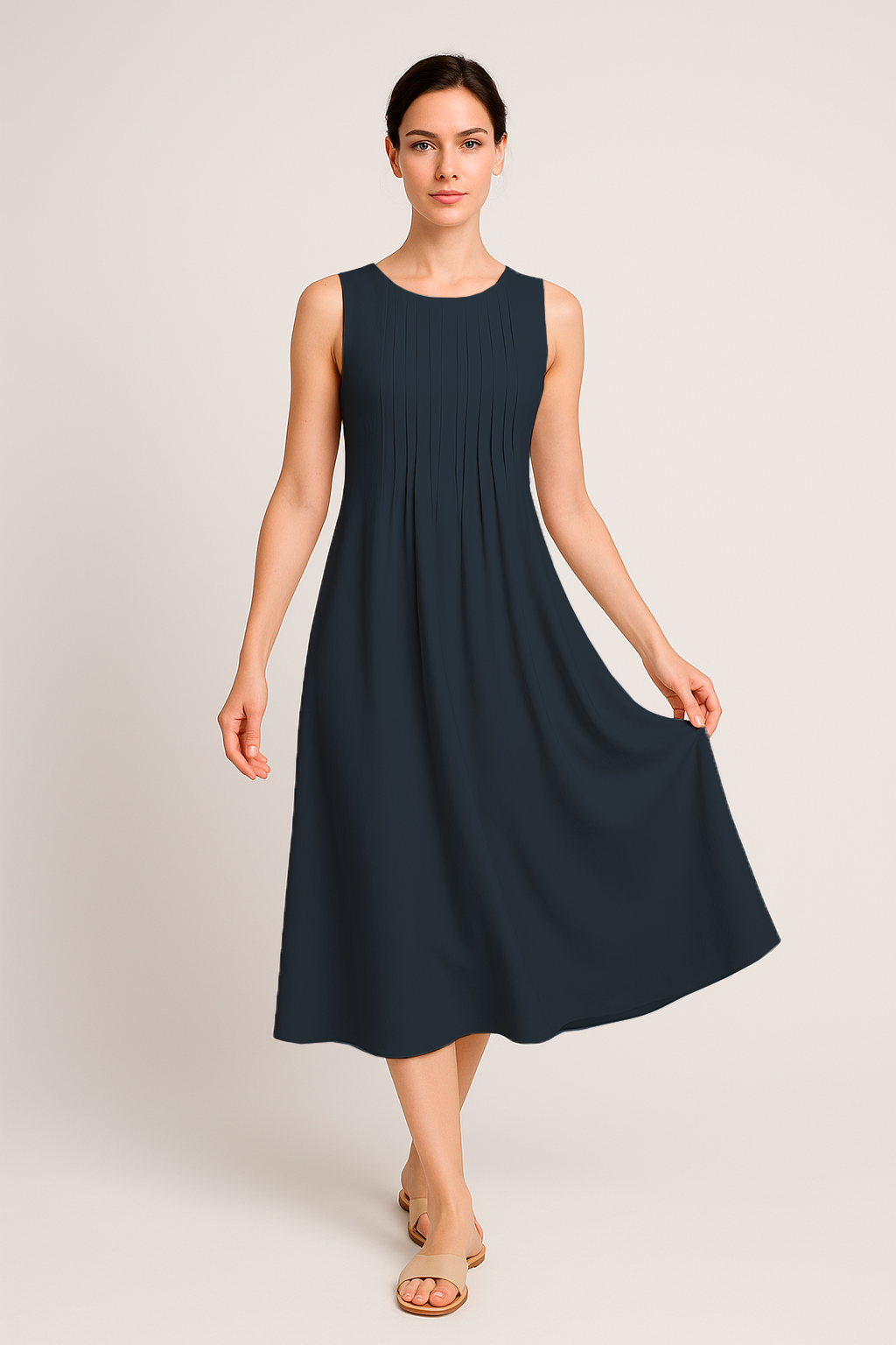 Vestido Eloá Midi sem Mangas Pregas no Decote e Bolsos Frontais Black Friday