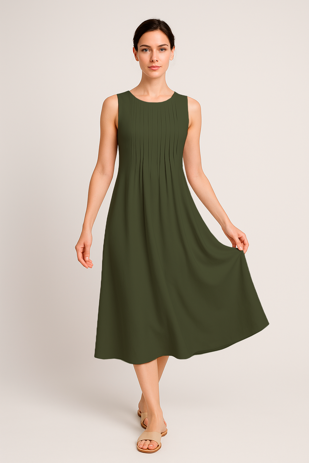 Vestido Eloá Midi sem Mangas Pregas no Decote e Bolsos Frontais Black Friday