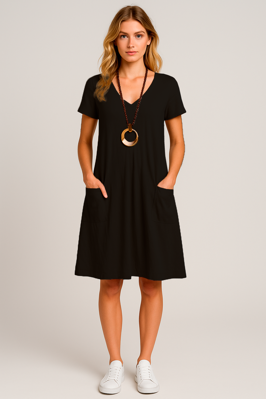 Vestido Lavínia Midi Decote Redondo Bolsos Frontais e Manga Curta Black Friday