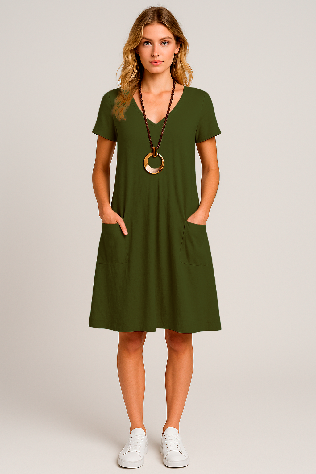 Vestido Lavínia Midi Decote Redondo Bolsos Frontais e Manga Curta Black Friday