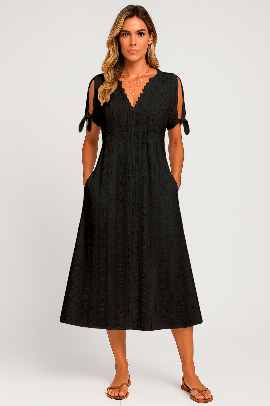 Vestido Zoe Midi em Lese com Botões no Decote Black Friday