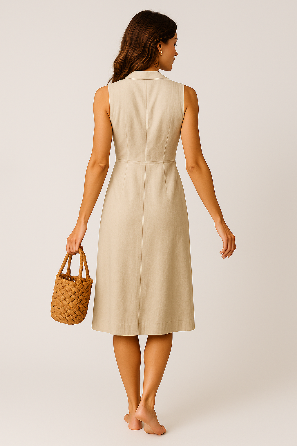 Vestido Cecília Midi Decote V com Gola Botões e Bolsos Frontais Black Friday