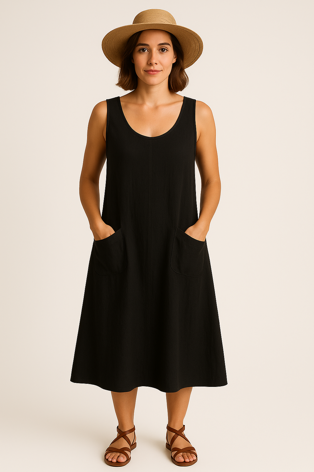 Vestido Isadora  Midi sem Mangas e Bolsos Frontais [LANÇAMENTO 2025]