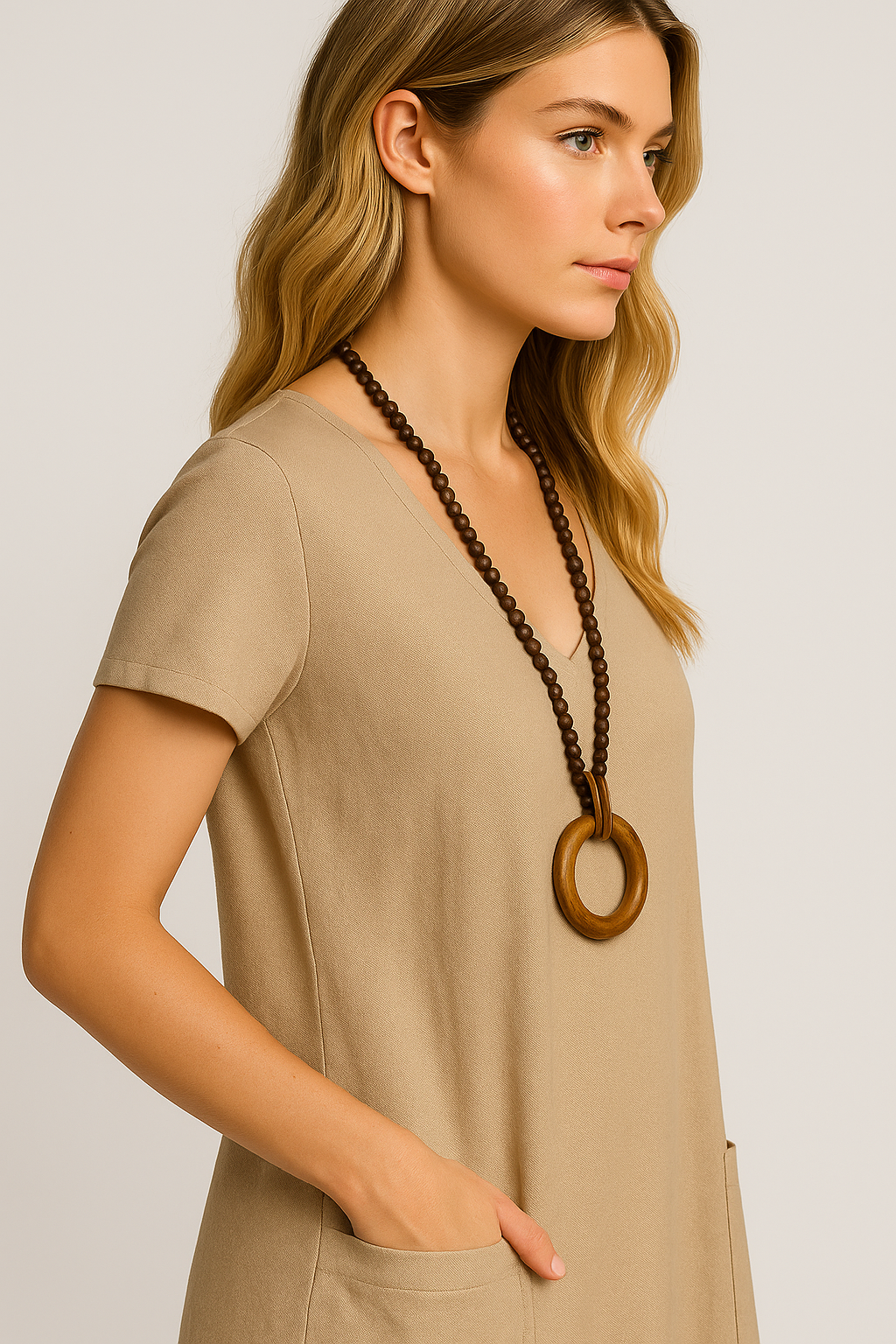 Vestido Lavínia Midi Decote Redondo Bolsos Frontais e  Manga Curta Black Friday