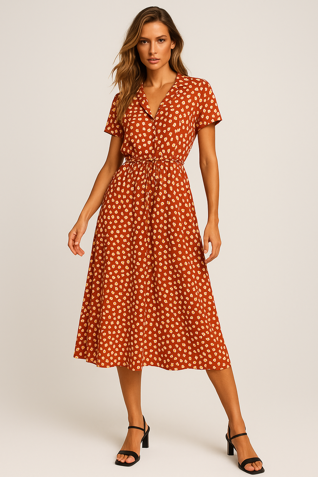 Vestido Helena Midi Manga Curta e Decote V Black Friday