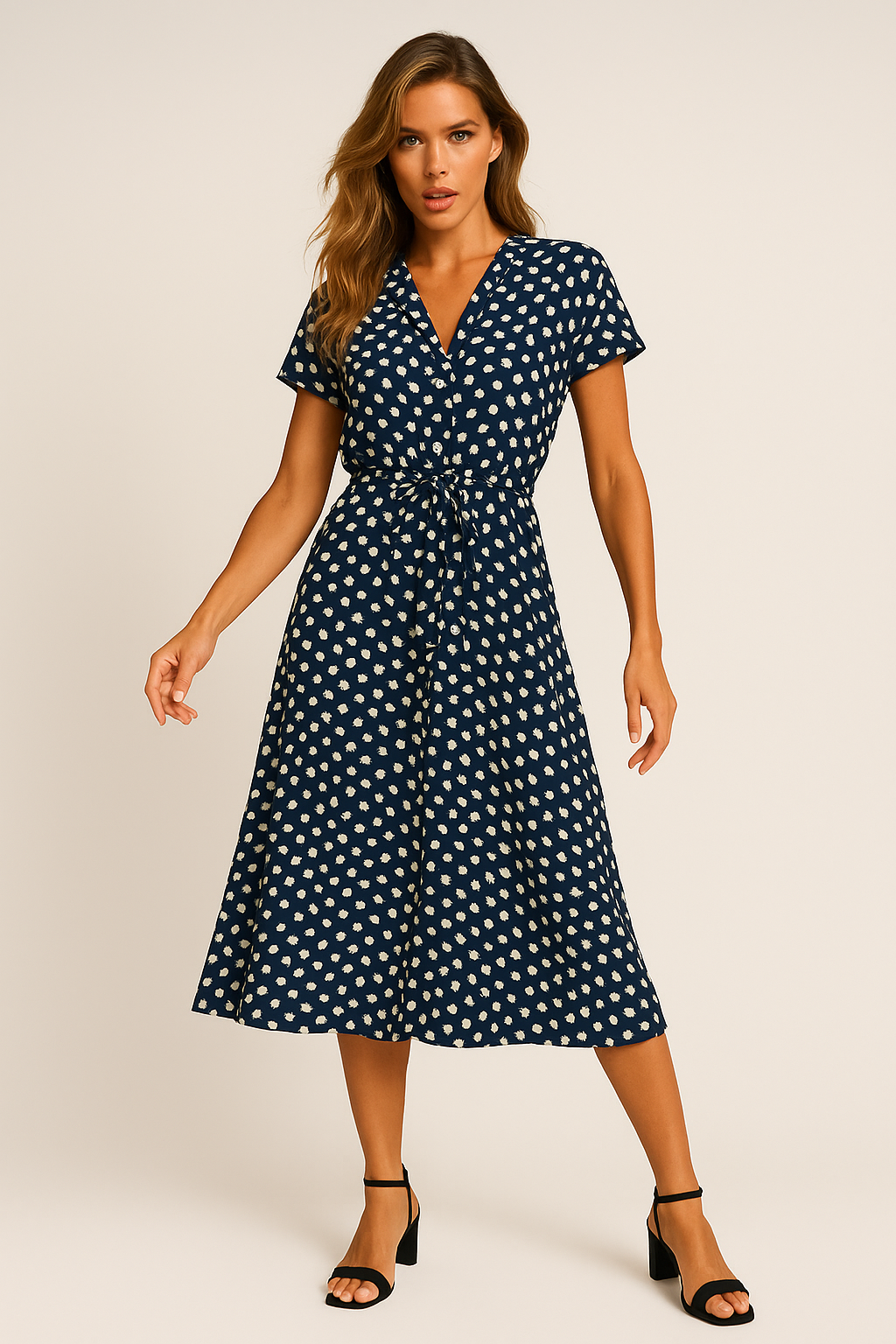 Vestido Helena Midi Manga Curta e Decote V Black Friday