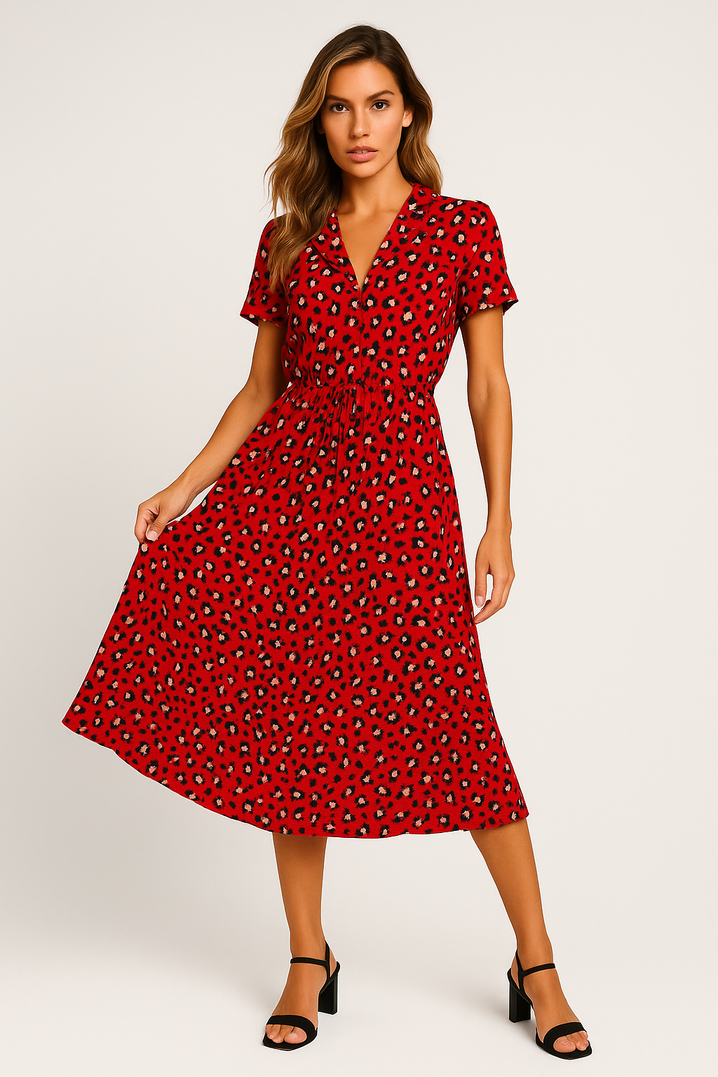 Vestido Helena Midi Manga Curta e Decote V Black Friday