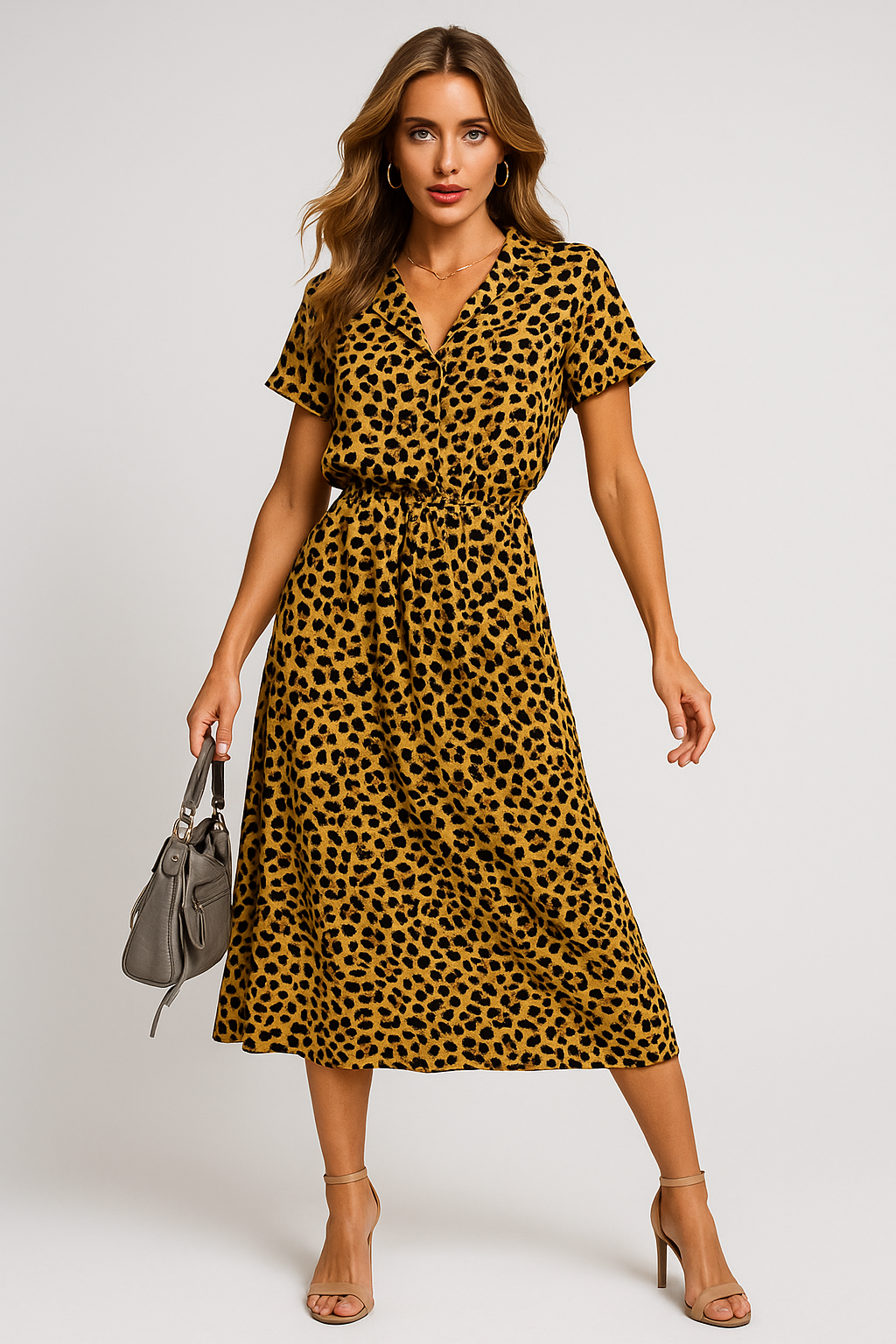 Vestido Helena Midi Manga Curta e Decote V Black Friday