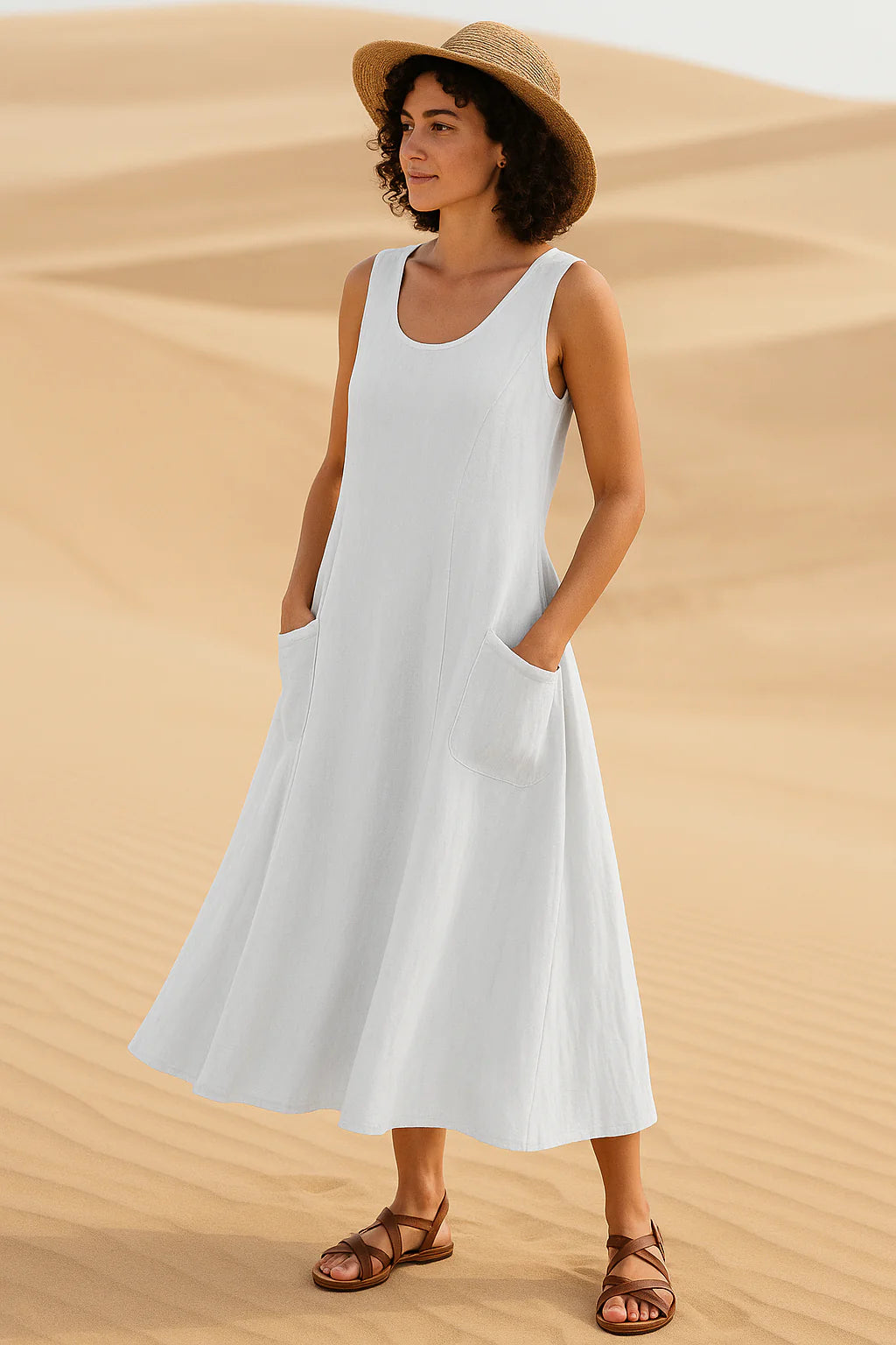 Vestido Isadora  Midi sem Mangas e Bolsos Frontais Black Friday