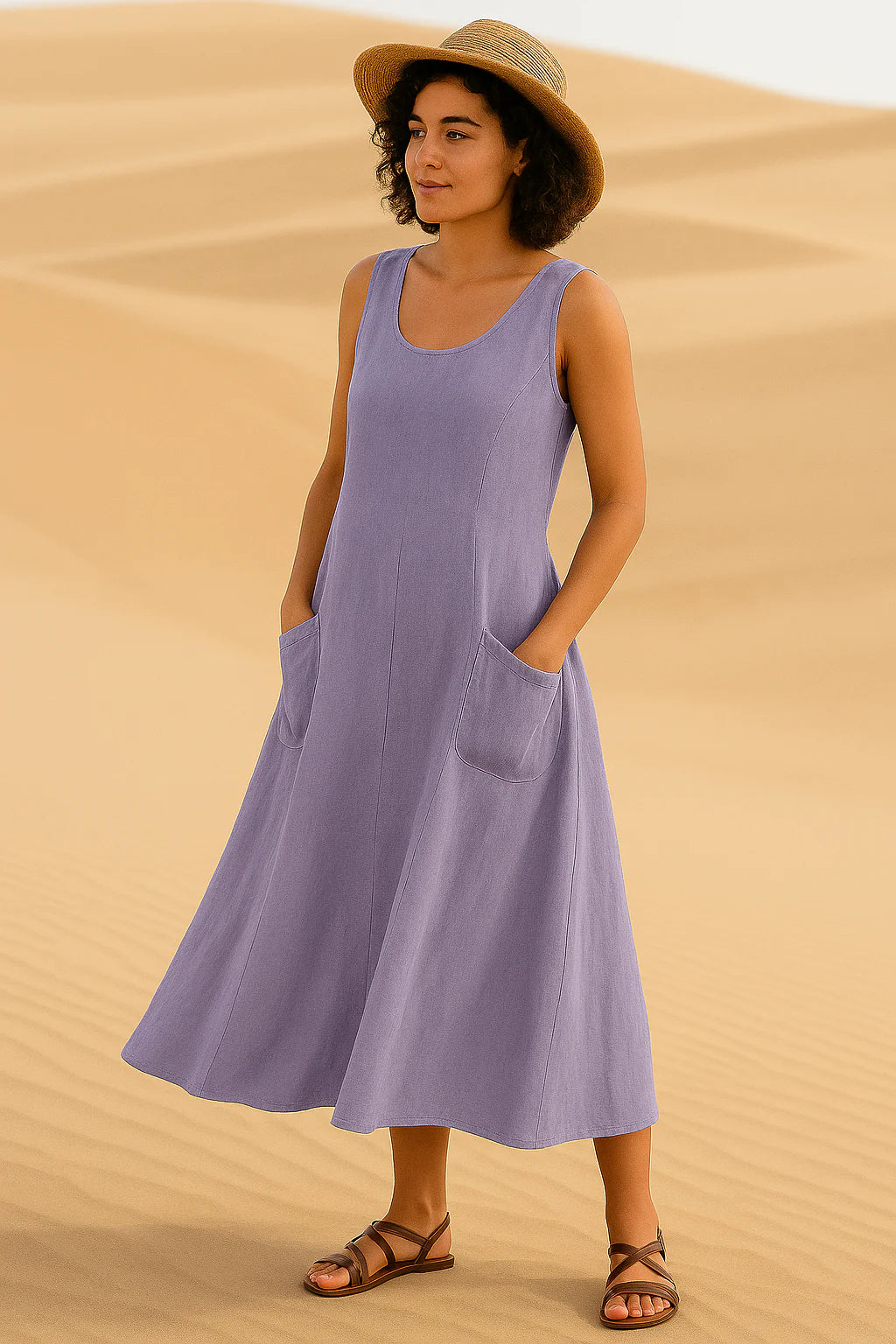 Vestido Isadora  Midi sem Mangas e Bolsos Frontais Black Friday