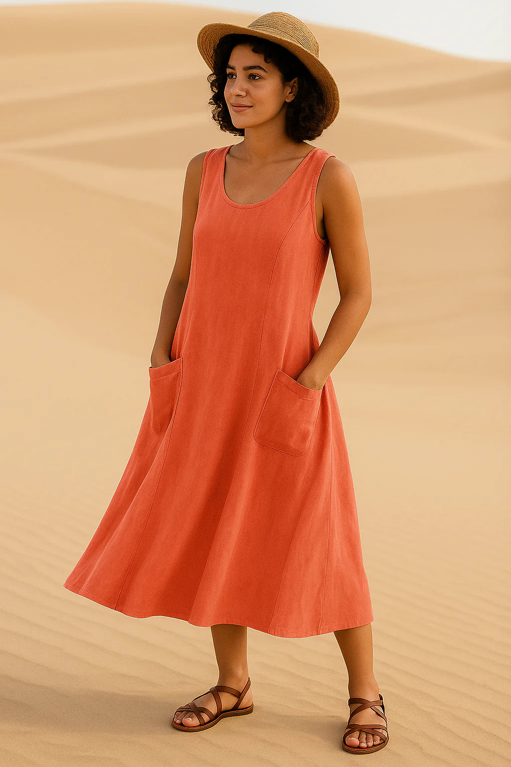 Vestido Isadora  Midi sem Mangas e Bolsos Frontais Black Friday