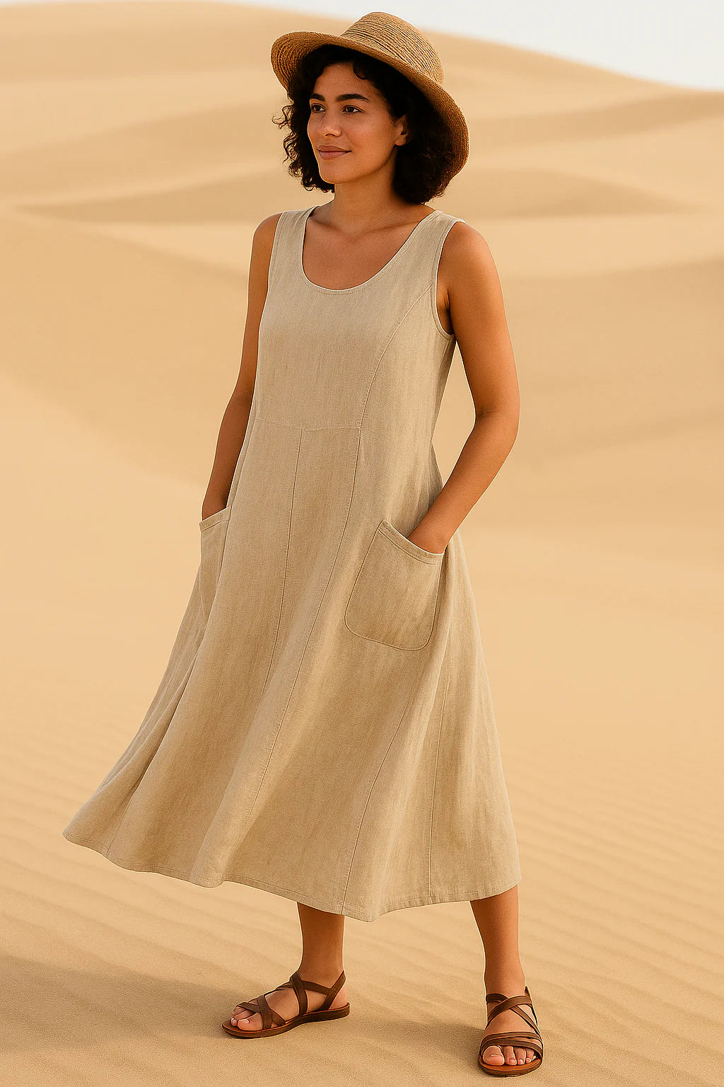 Vestido Isadora  Midi sem Mangas e Bolsos Frontais Black Friday