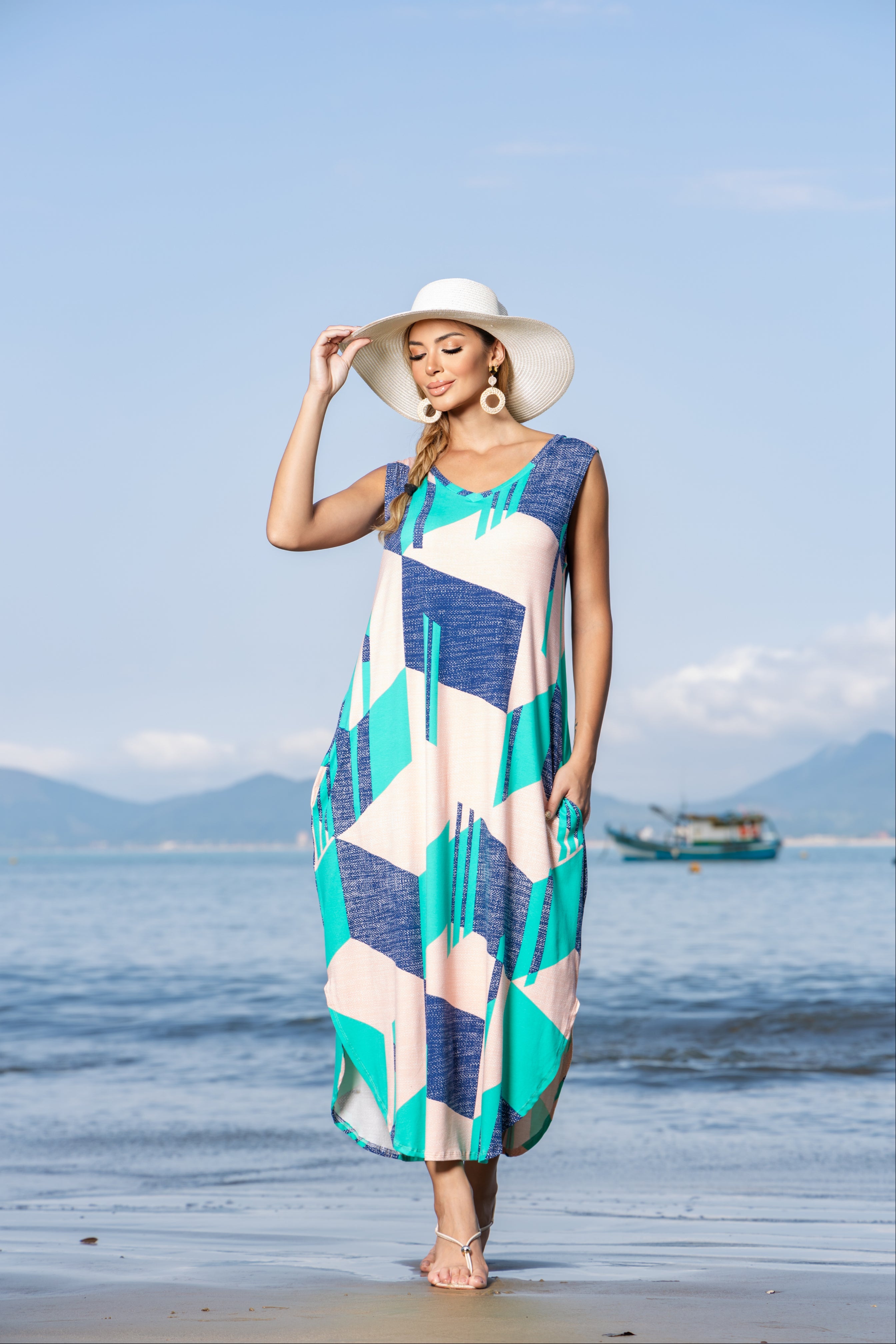 Vestido Longo Soltinho Sem Mangas Estampado - Malha Premium