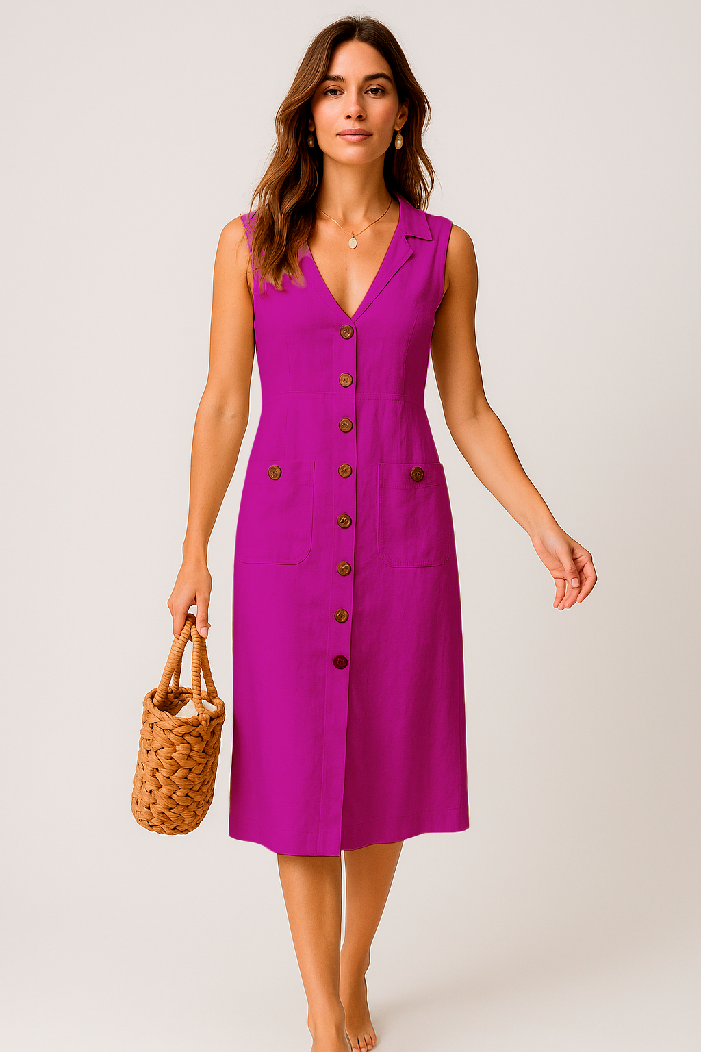 Vestido Cecília Midi Decote V com Gola Botões e Bolsos Frontais Black Friday