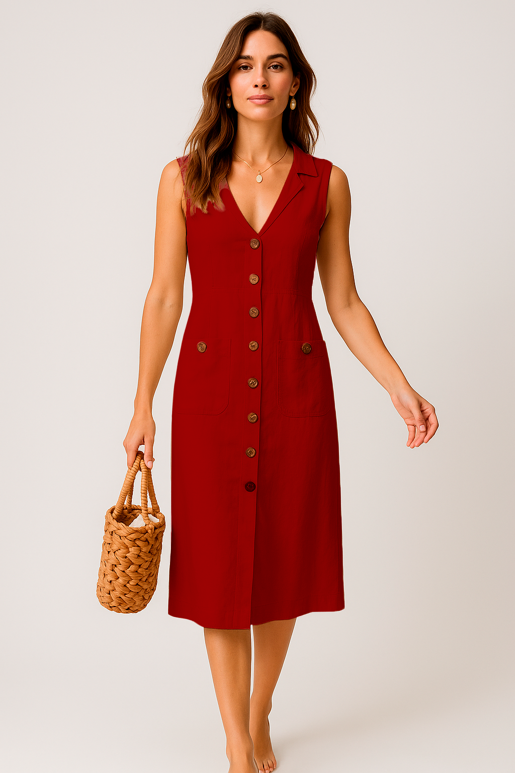 Vestido Cecília Midi Decote V com Gola Botões e Bolsos Frontais Black Friday