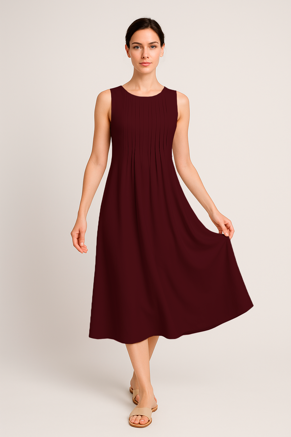 Vestido Eloá Midi sem Mangas Pregas no Decote e Bolsos Frontais Black Friday