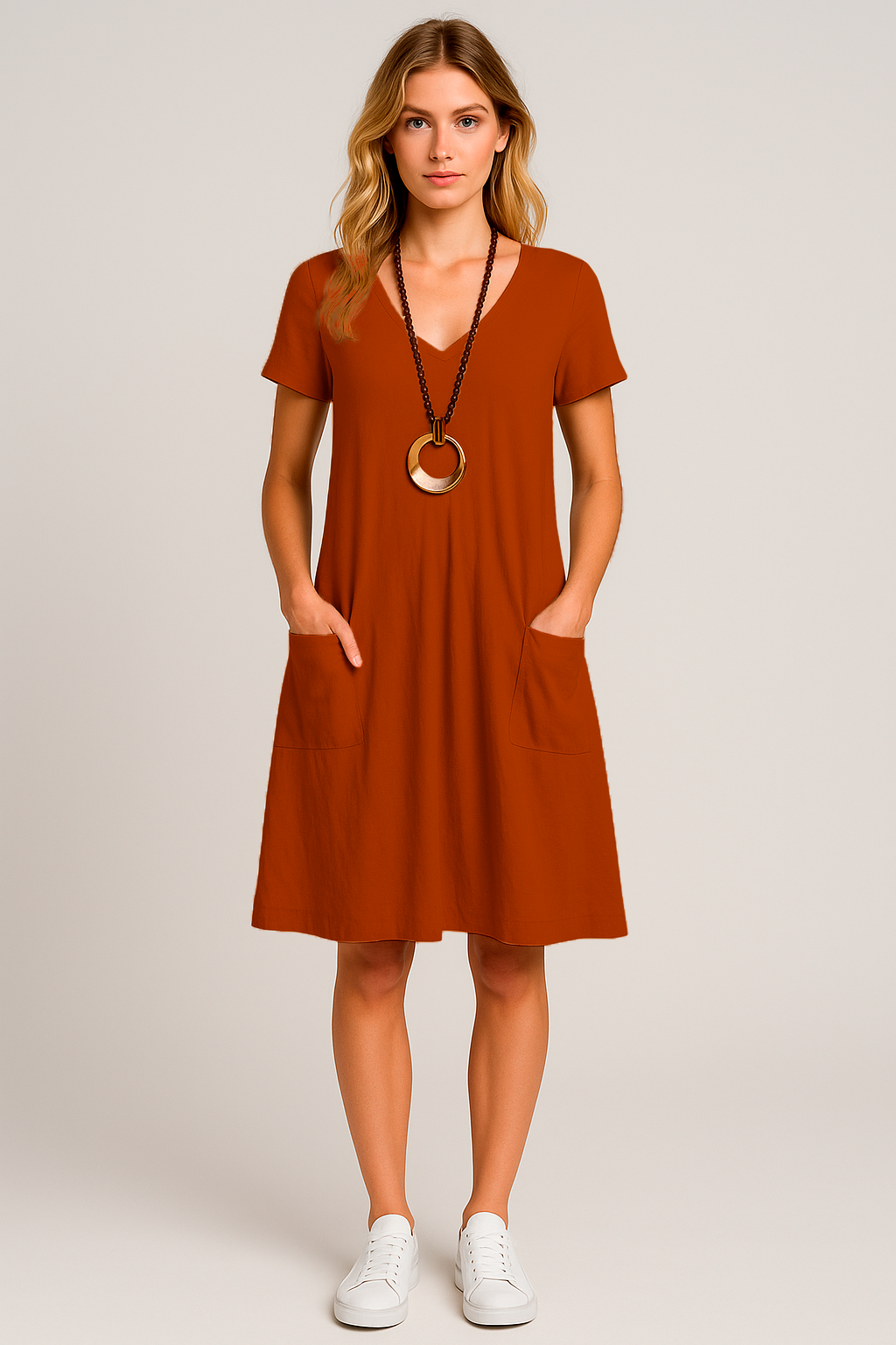 Vestido Lavínia Midi Decote Redondo Bolsos Frontais e  Manga Curta Black Friday